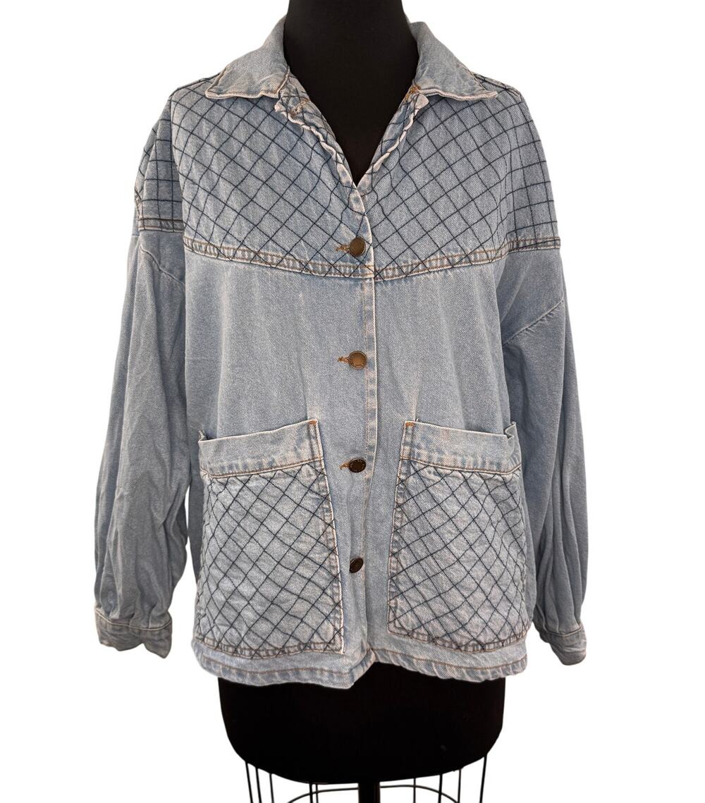 Nasty Gal Lt Blue Oversized Jacket Denim Quilted Collared Front-Button Sz 2